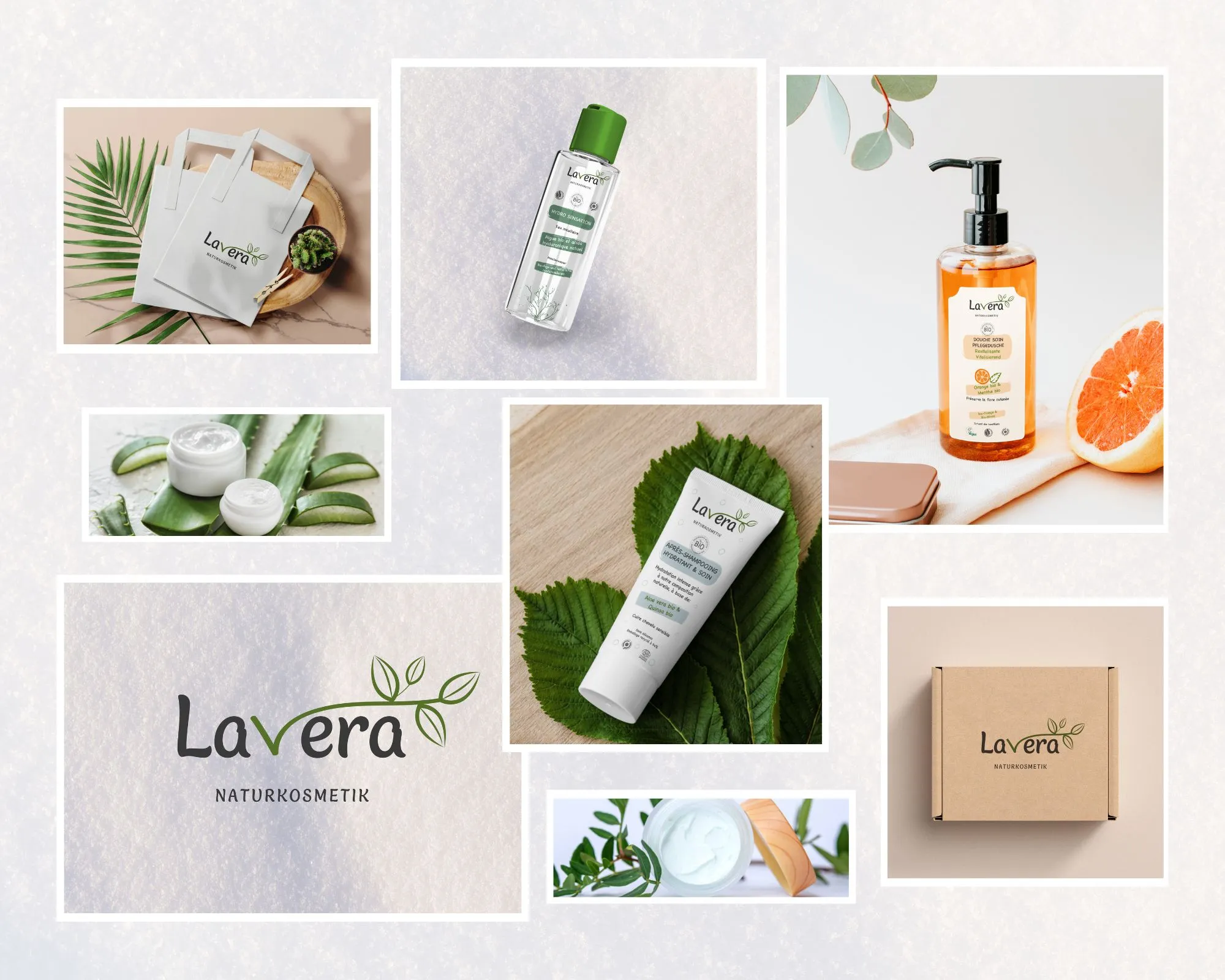 Un Moodboard représentant les différents produits lavera avec la nouvelle identité visuelle.